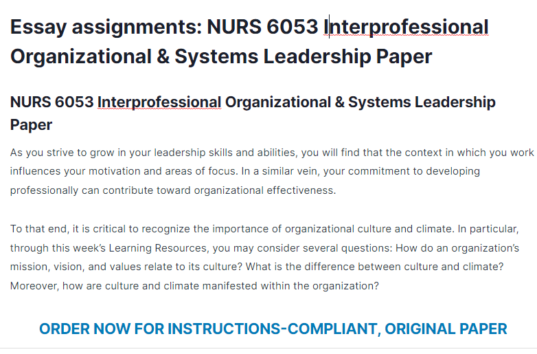 Essay assignments: NURS 6053 Interprofessional Organizational & Systems Leadership Paper