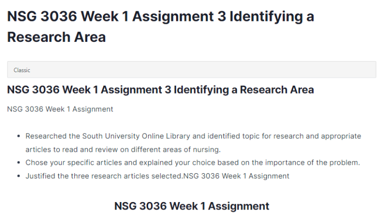 NSG 3036 Week 1 Assignment 3 Identifying a Research Area