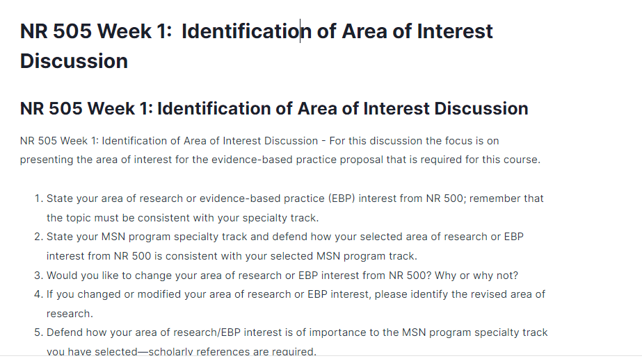 nr 505 week 1: identification of area of interest discussion