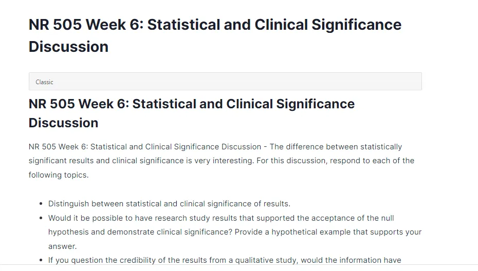 NR 505 Week 6: Statistical and Clinical Significance Discussion