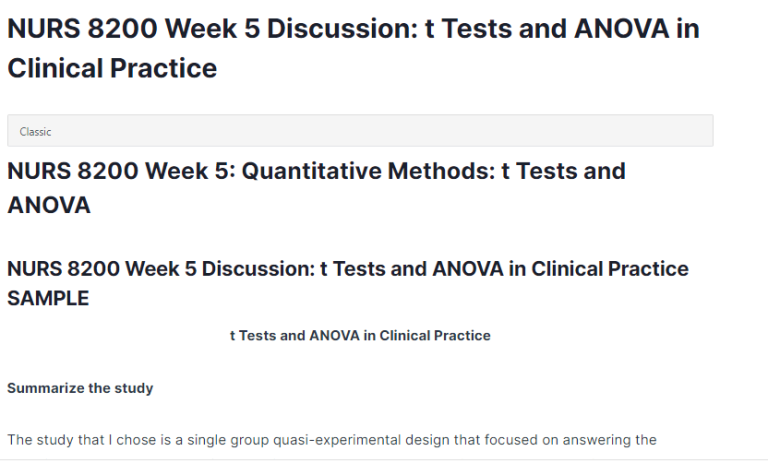 NURS 8200 Week 5 Discussion: t Tests and ANOVA in Clinical Practice