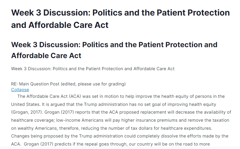 week 3 discussion: politics and the patient protection and affordable care act