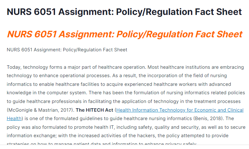 nurs 6051 assignment: policy/regulation fact sheet