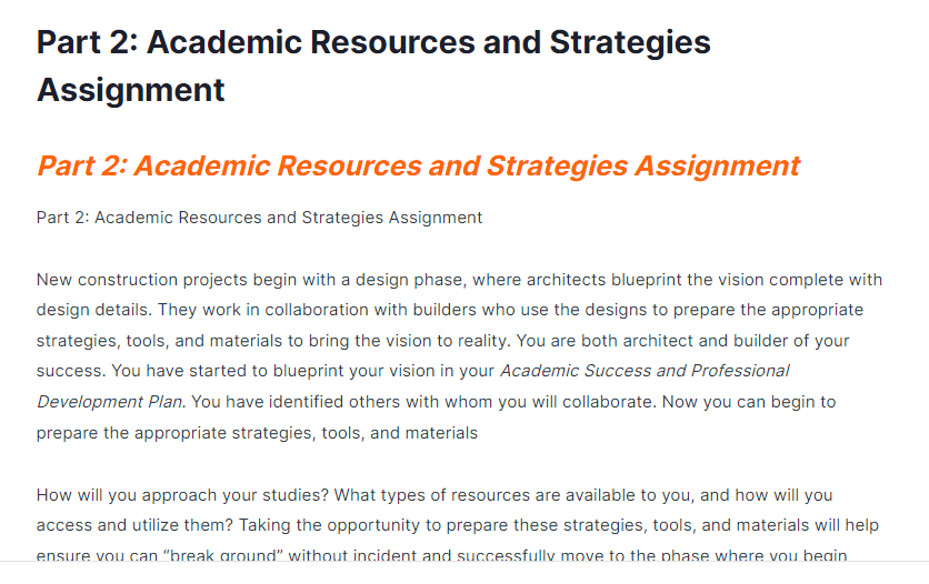 part 2: academic resources and strategies assignment