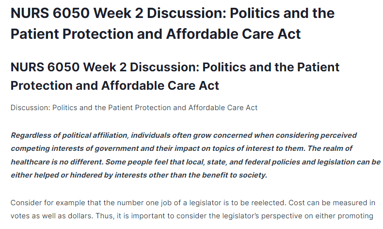 nurs 6050 week 2 discussion: politics and the patient protection and affordable care act
