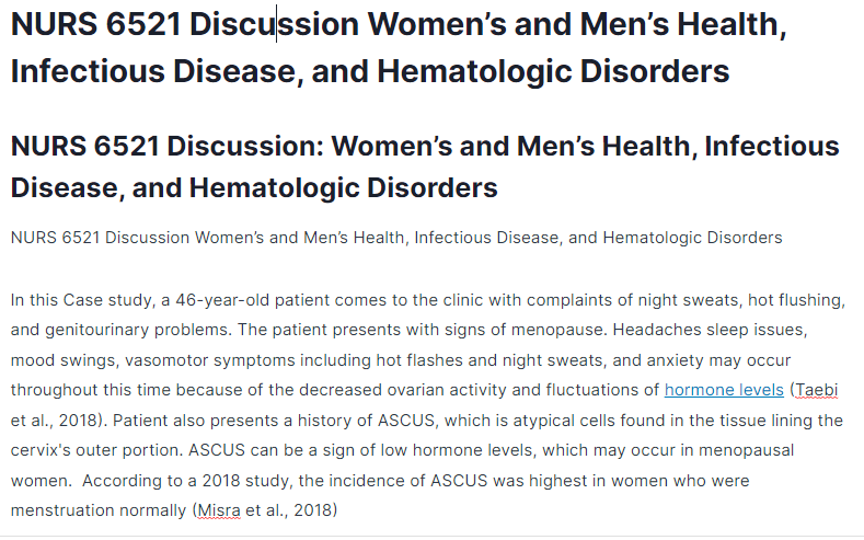 nurs 6521 discussion women’s and men’s health, infectious disease, and hematologic disorders