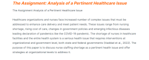 the assignment analysis of a pertinent healthcare issue