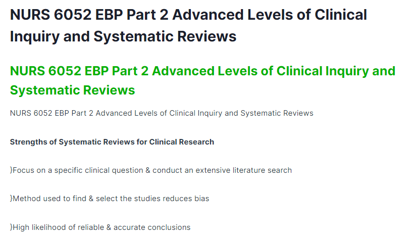 nurs 6052 ebp part 2 advanced levels of clinical inquiry and systematic reviews