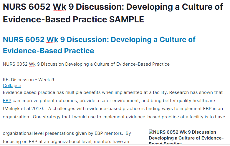 nurs 6052 wk 9 discussion: developing a culture of evidence-based practice
