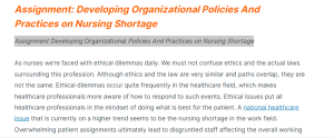 Assignment Developing Organizational Policies And Practices on Nursing Shortage