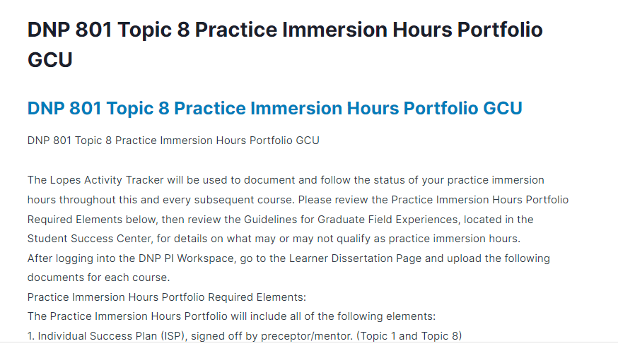 DNP 801 Topic 8 Practice Immersion Hours Portfolio GCU