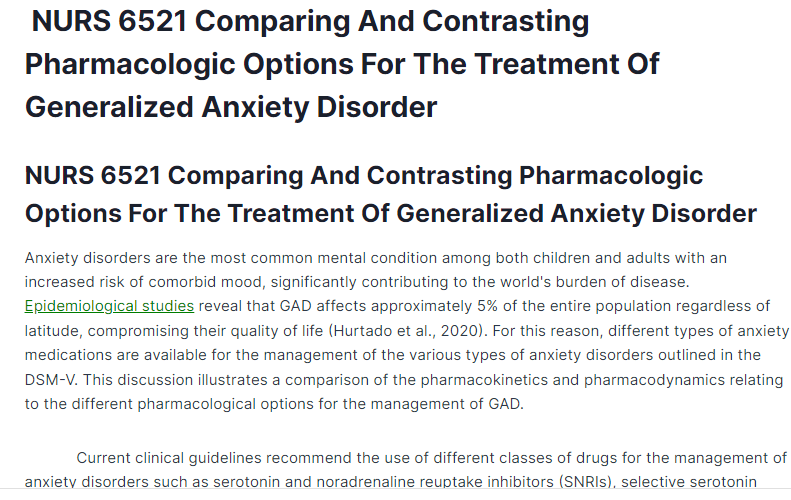 nurs 6521 comparing and contrasting pharmacologic options for the treatment of generalized anxiety disorder