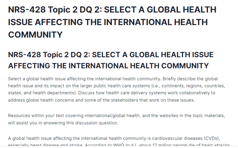 NRS-428 Topic 2 DQ 2: SELECT A GLOBAL HEALTH ISSUE AFFECTING THE INTERNATIONAL HEALTH COMMUNITY