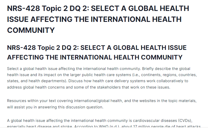 NRS-428 Topic 2 DQ 2: SELECT A GLOBAL HEALTH ISSUE AFFECTING THE INTERNATIONAL HEALTH COMMUNITY