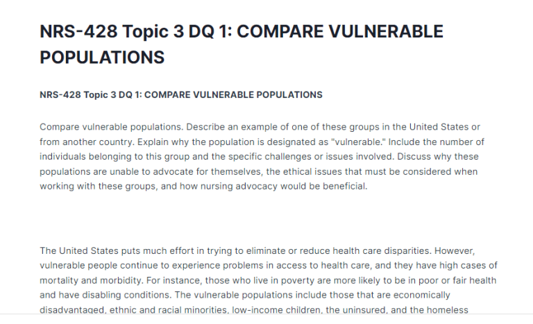 NRS-428 Topic 3 DQ 1: COMPARE VULNERABLE POPULATIONS