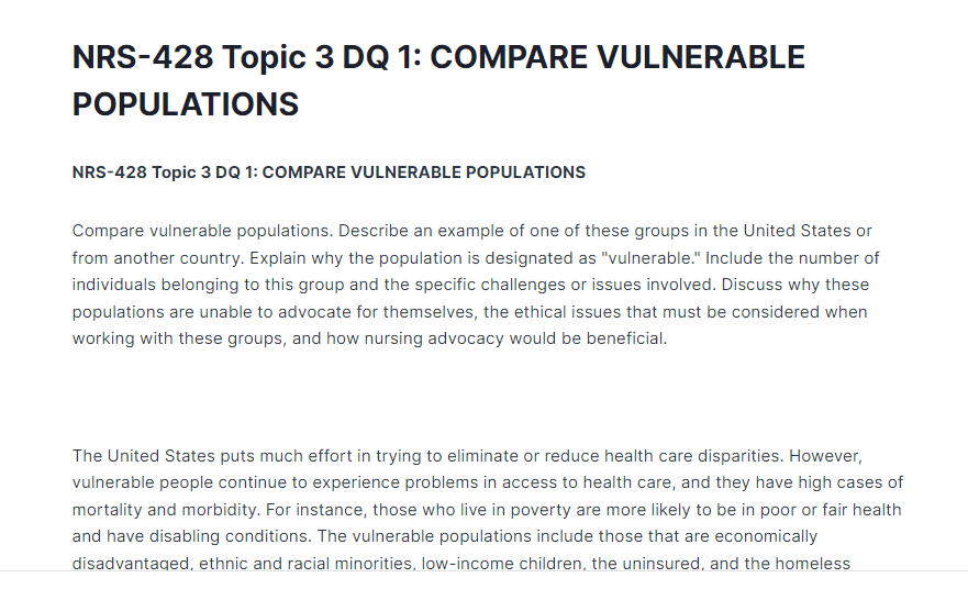 NRS-428 Topic 3 DQ 1: COMPARE VULNERABLE POPULATIONS