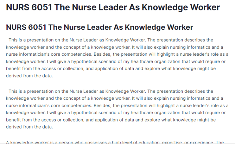 NURS 6051 The Nurse Leader As Knowledge Worker