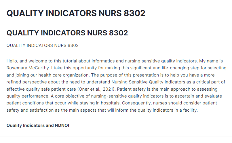 QUALITY INDICATORS NURS 8302