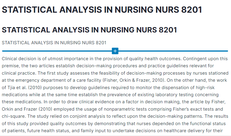 STATISTICAL ANALYSIS IN NURSING NURS 8201