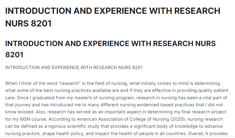 INTRODUCTION AND EXPERIENCE WITH RESEARCH NURS 8201