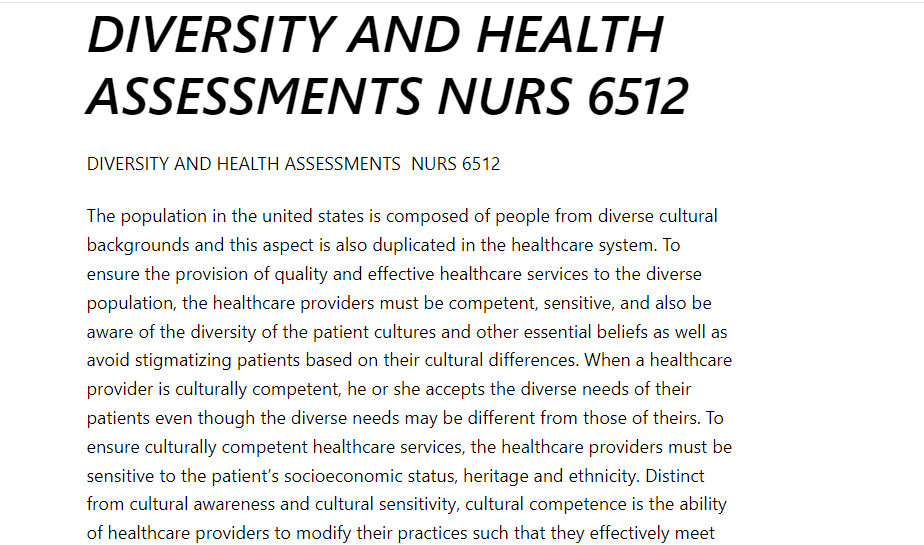 DIVERSITY AND HEALTH ASSESSMENTS NURS 6512