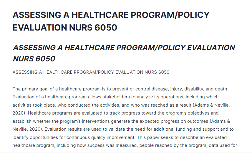 ASSESSING A HEALTHCARE PROGRAM/POLICY EVALUATION NURS 6050