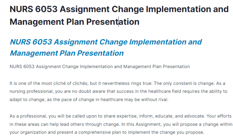 NURS 6053 Assignment Change Implementation and Management Plan Presentation