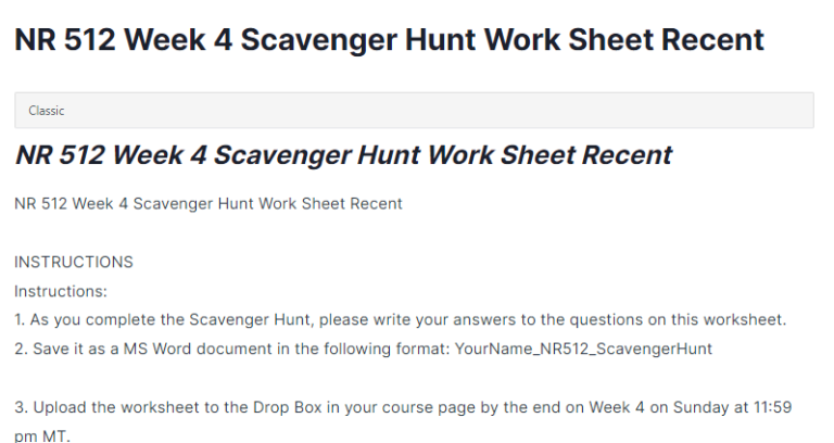 NR 512 Week 4 Scavenger Hunt Work Sheet Recent