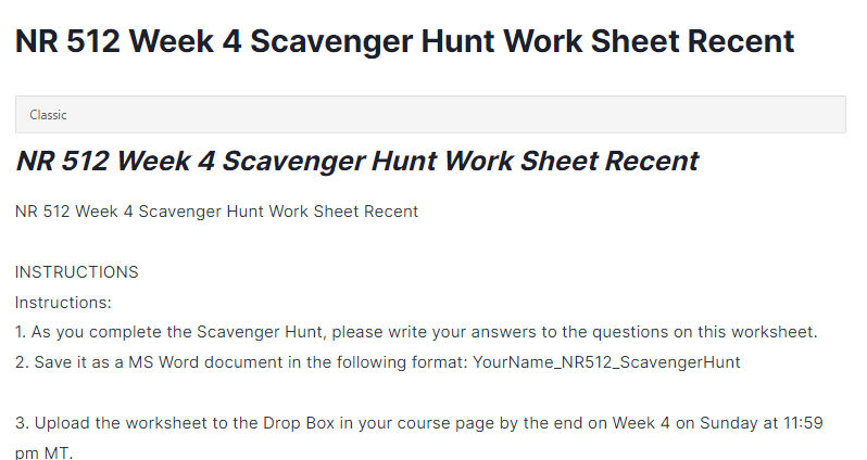 NR 512 Week 4 Scavenger Hunt Work Sheet Recent