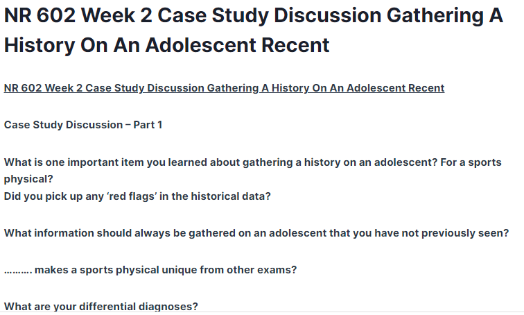 nr 602 week 2 case study discussion gathering a history on an adolescent recent
