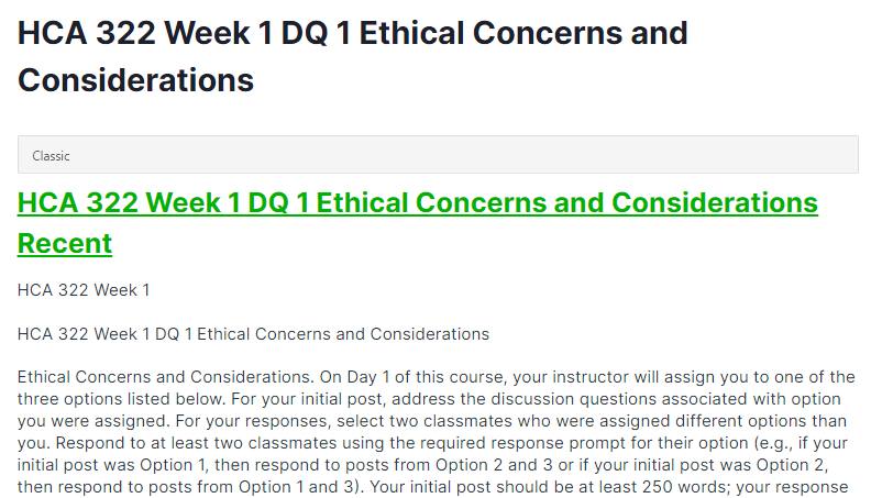 HCA 322 Week 1 DQ 1 Ethical Concerns and Considerations