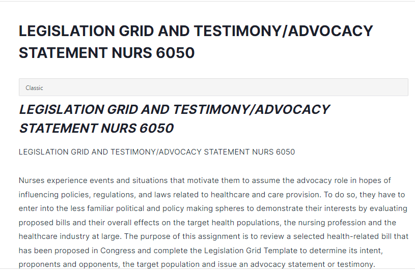 legislation grid and testimony/advocacy statement nurs 6050