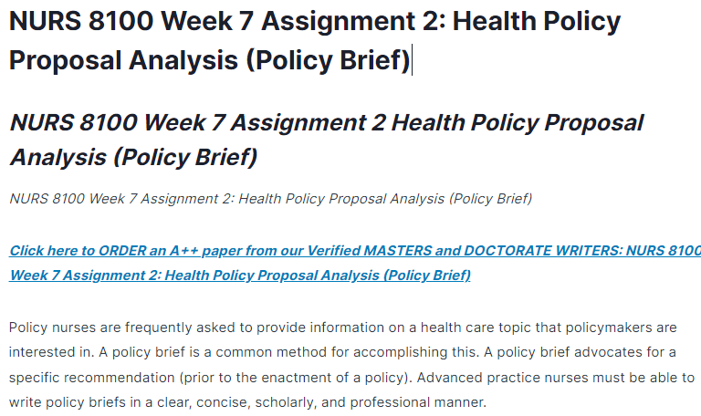 NURS 8100 Week 7 Assignment 2: Health Policy Proposal Analysis (Policy Brief)