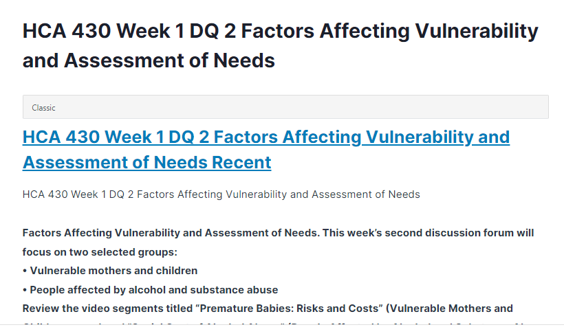 hca 430 week 1 dq 2 factors affecting vulnerability and assessment of needs
