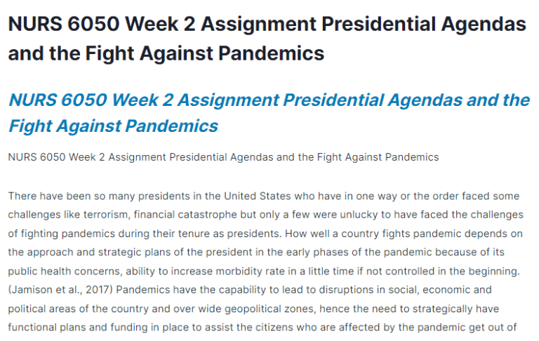 NURS 6050 Week 2 Assignment Presidential Agendas and the Fight Against Pandemics