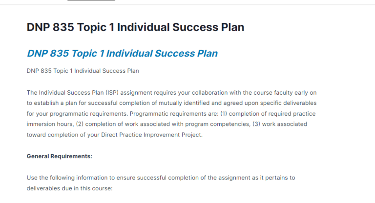 DNP 835 Topic 1 Individual Success Plan