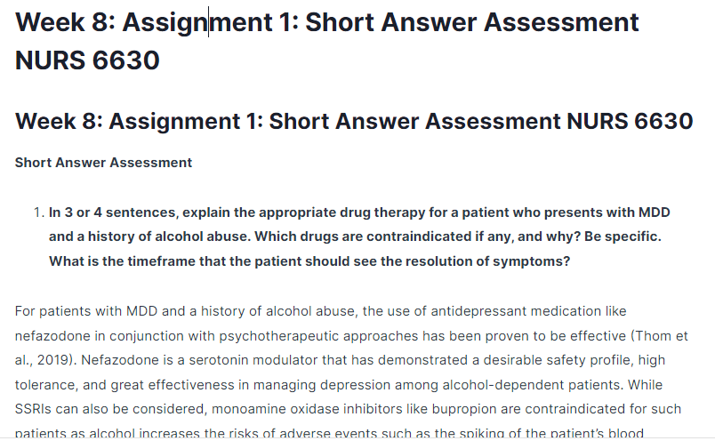 Week 8: Assignment 1: Short Answer Assessment NURS 6630