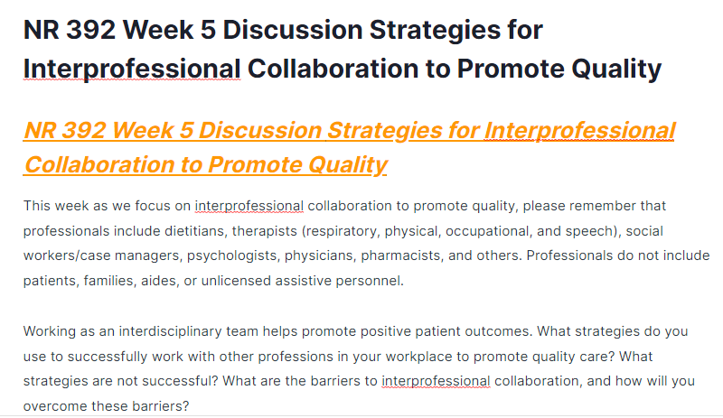 nr 392 week 5 discussion strategies for interprofessional collaboration to promote quality