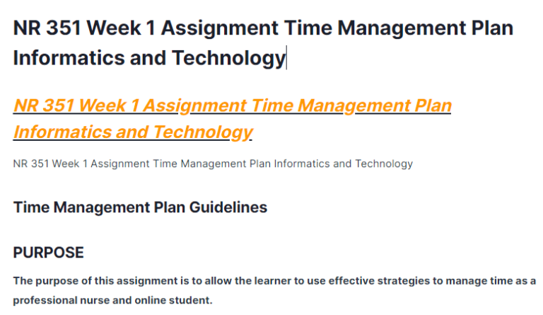 NR 351 Week 1 Assignment Time Management Plan Informatics and Technology