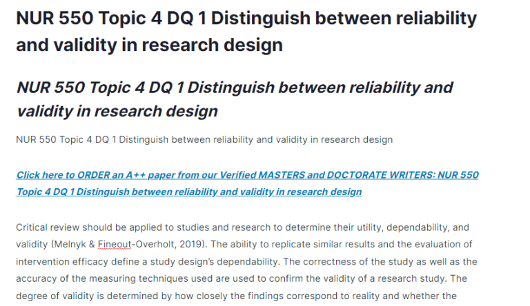 NUR 550 Topic 4 DQ 1 Distinguish between reliability and validity in research design