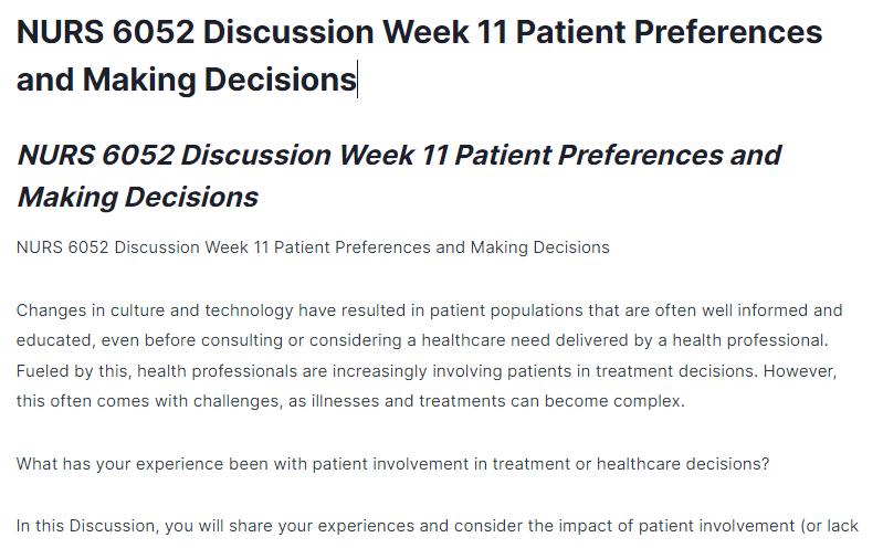 nurs 6052 discussion week 11 patient preferences and making decisions