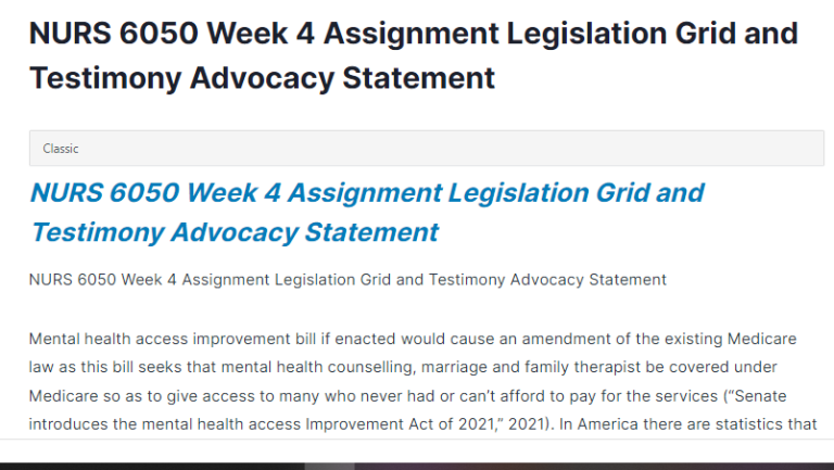 NURS 6050 Week 4 Assignment Legislation Grid and Testimony Advocacy Statement