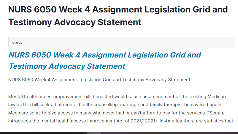 nurs 6050 week 4 assignment legislation grid and testimony advocacy statement