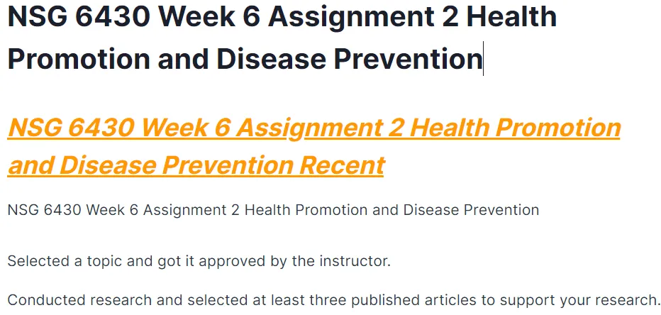 NSG 6430 Week 6 Assignment 2 Health Promotion and Disease Prevention