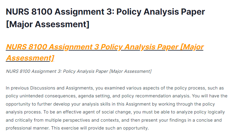 NURS 8100 Assignment 3: Policy Analysis Paper [Major Assessment]