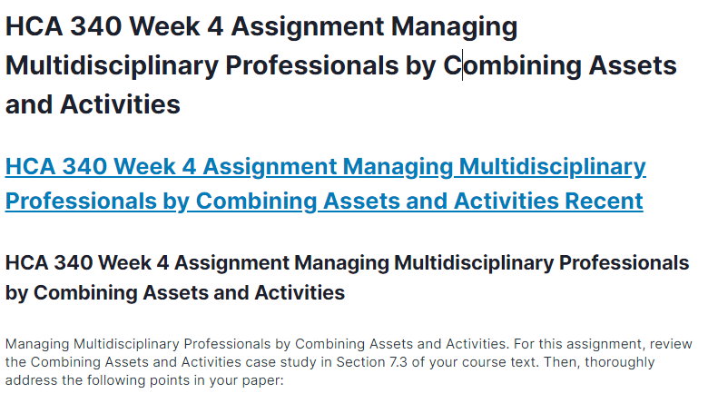 hca 340 week 4 assignment managing multidisciplinary professionals by combining assets and activities
