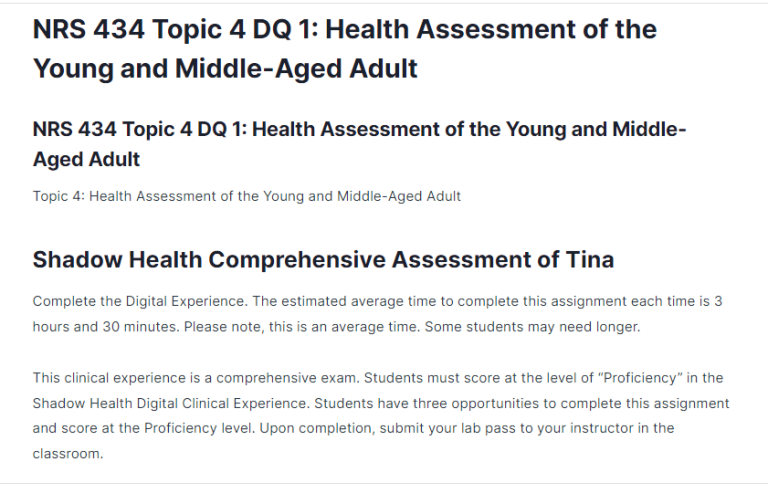 NRS 434 Topic 4 DQ 1: Health Assessment of the Young and Middle-Aged Adult