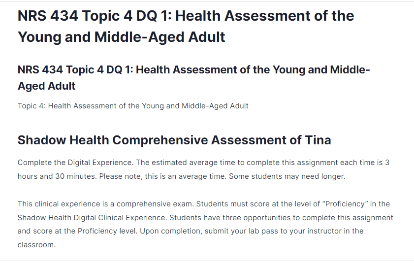 nrs 434 topic 4 dq 1: health assessment of the young and middle-aged adult