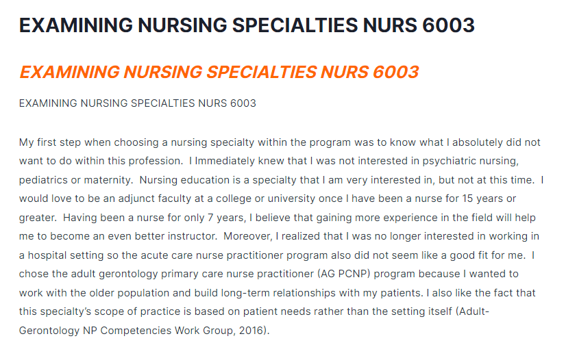 examining nursing specialties nurs 6003