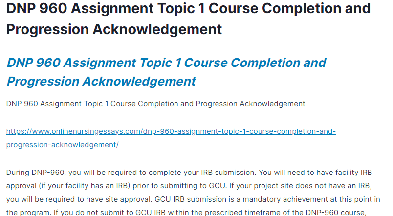 DNP 960 Assignment Topic 1 Course Completion and Progression Acknowledgement